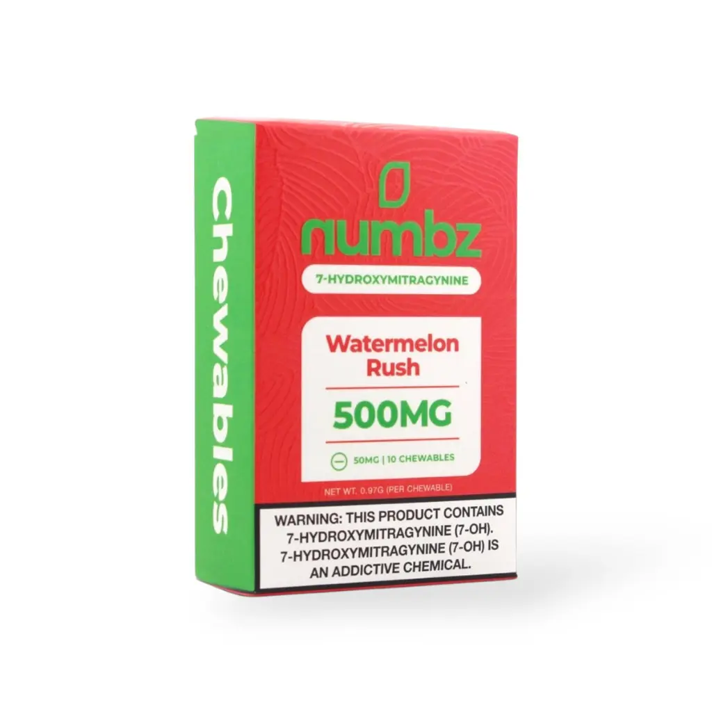 numbz 7- Hydroxymitragynine Chewable Watermelon Rush 50mg Tablet- 10ct.webp