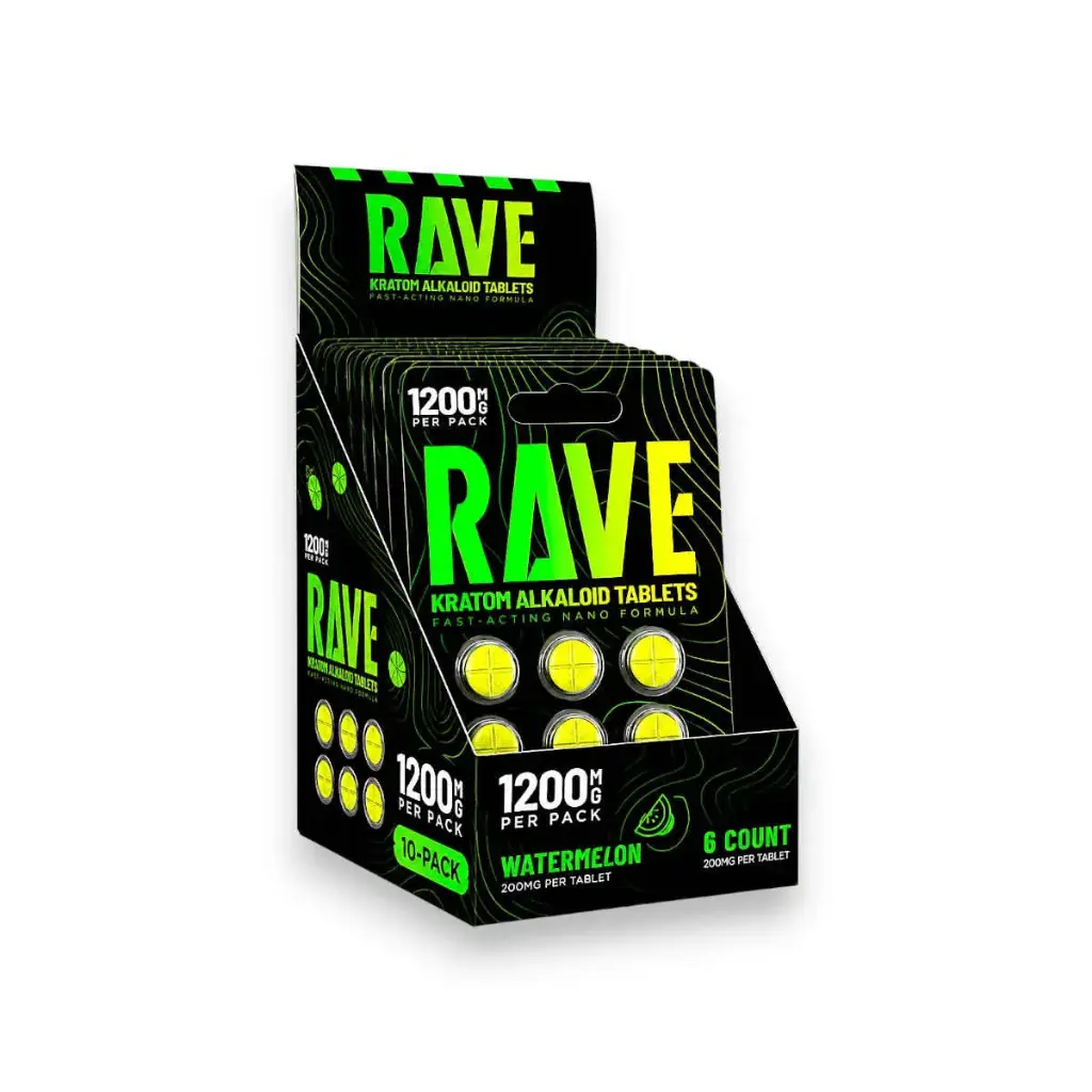Rave Kratom Alkaloid Chewable Tablets Watermelon 200mg Display Box of 10