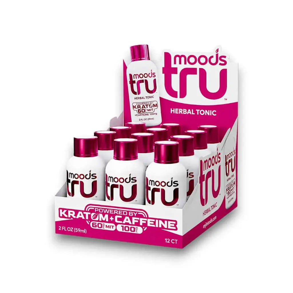 Tru Moods Herbal Tonic Pink Kratom + Caffeine Shot 2oz Display Box of 12