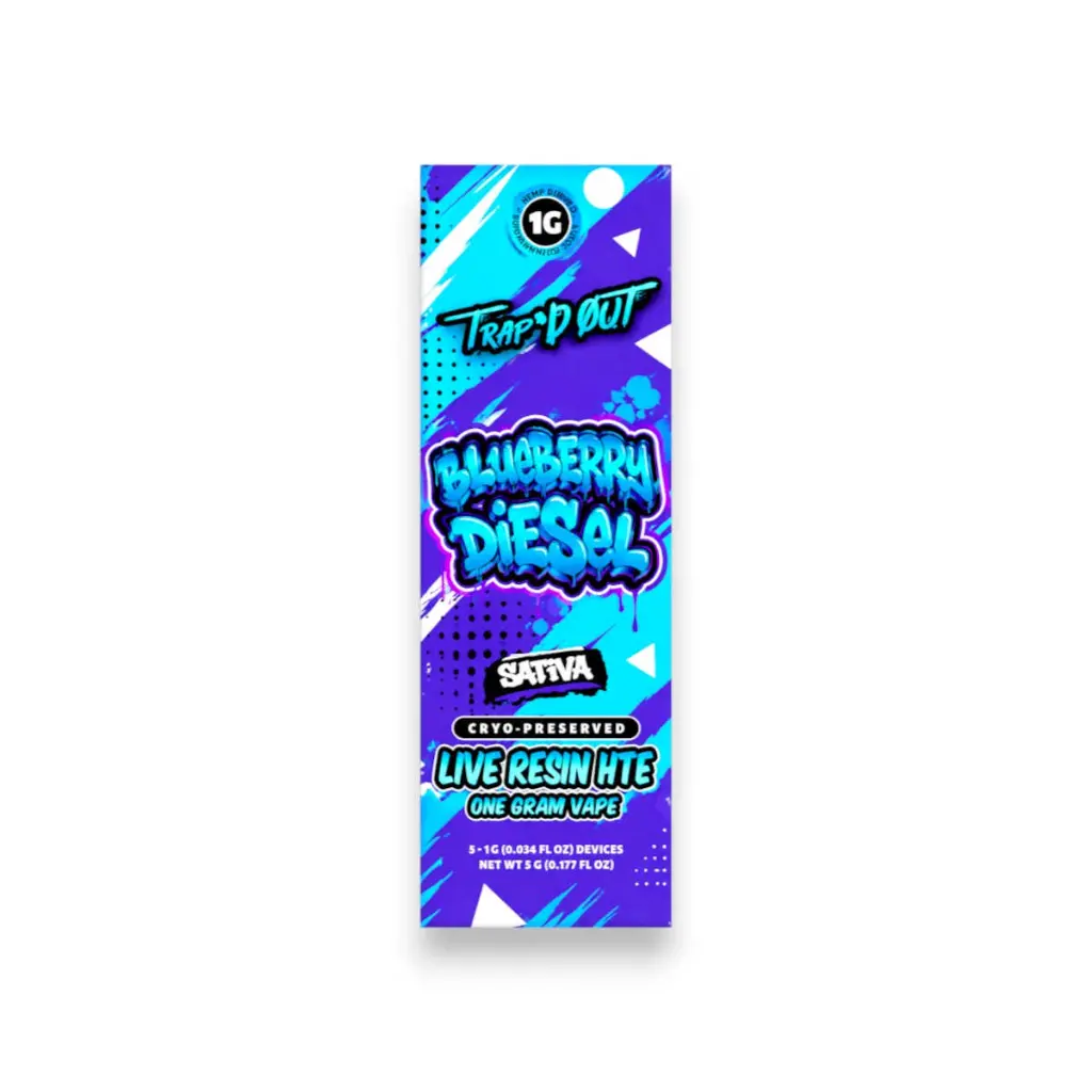 Trap'd Out Sativa Cryo-Preserved Live Resin HTE Blueberry Diesel 1g Display Box of 5