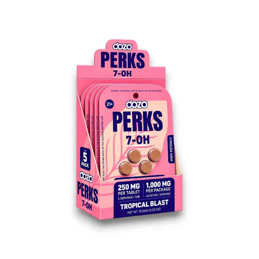 Dozo Perks 7-OH High Potency Chewable Tablets Tropical Blast 250mg Display Box of 5