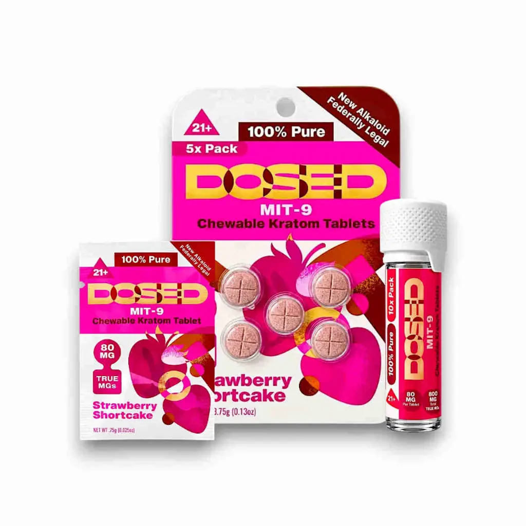 Dosed MIT-9 Kratom Chewable Tablet Strawberry Shortcake 80mg Display Box 