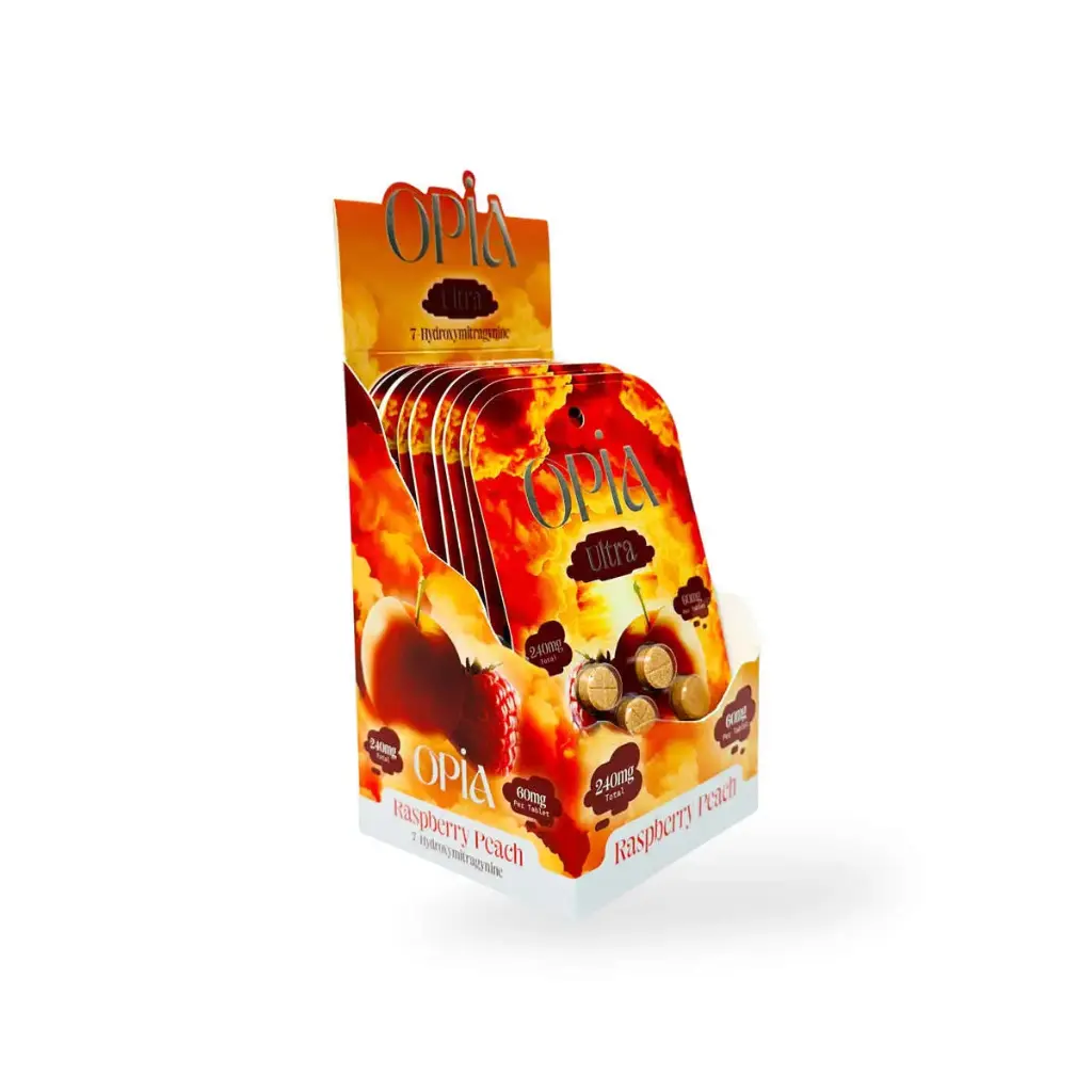 Opia Ultra 7-OH High Potency Chewable Tablets Raspberry Peach 60mg Display Box of 10