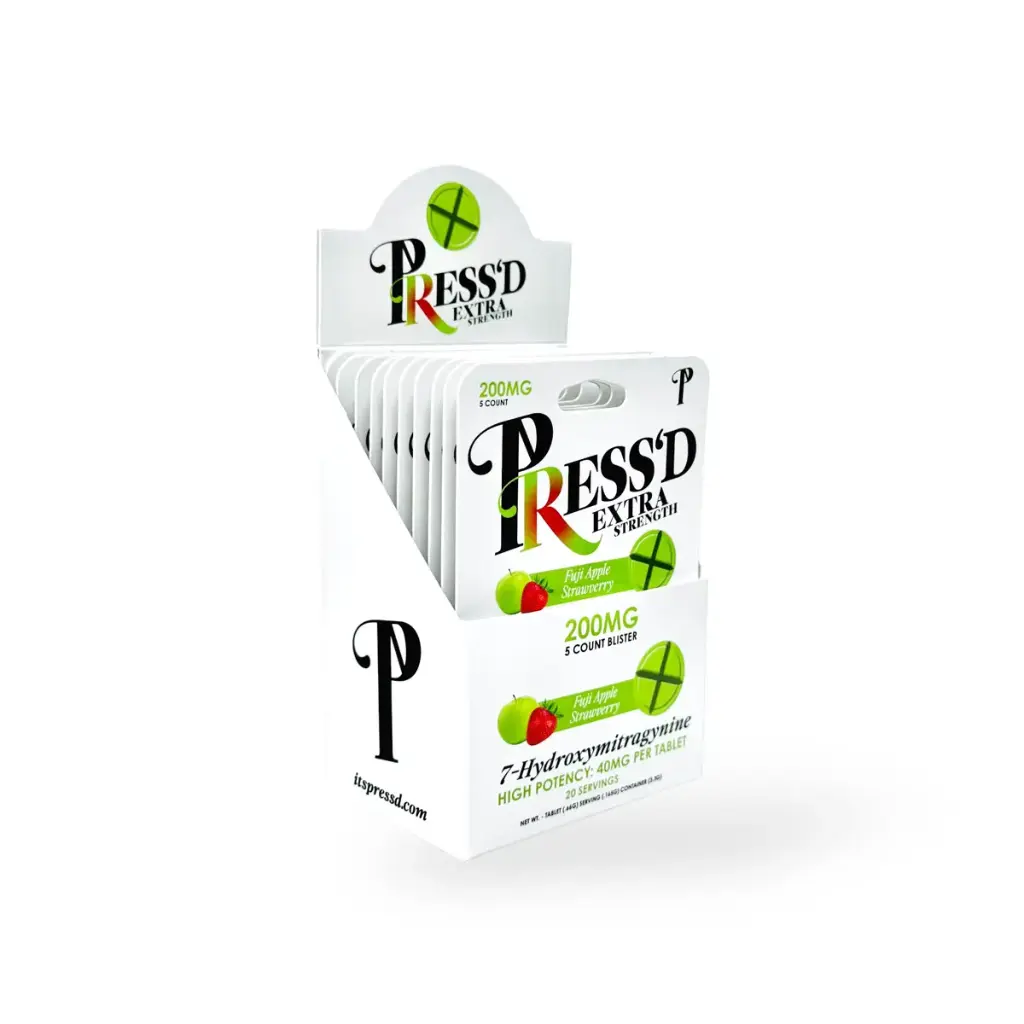 Press'D Kratom 7 Hydroxymitragynine High Potency Tablets Fuji Apple Strawberry 40mg Box
