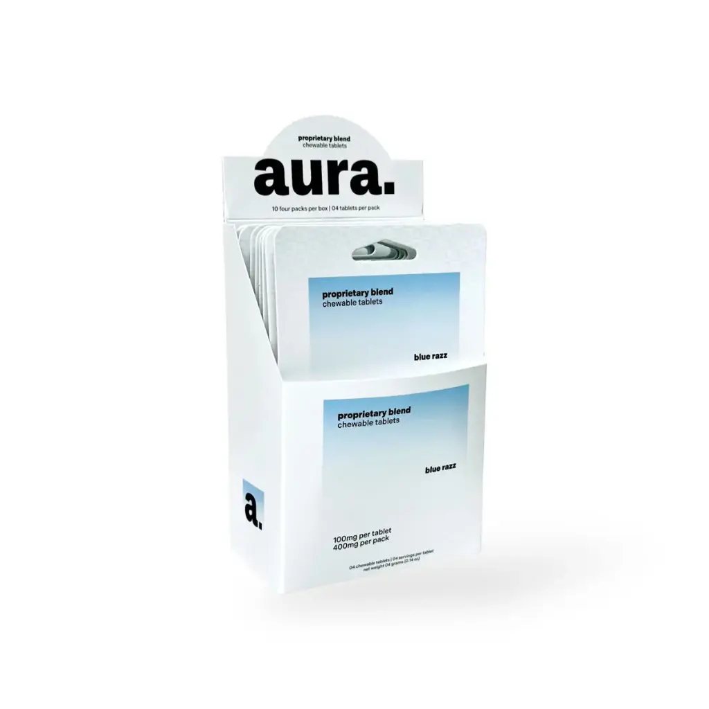 aura. Proprietary Blend Chewable Tablets Blue Razz 100mg Box
