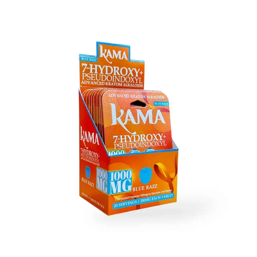 Kama 7 Hydroxy + Pseudoindoxyl Chewable Tablets Blue Razz 200mg Display Box of 10