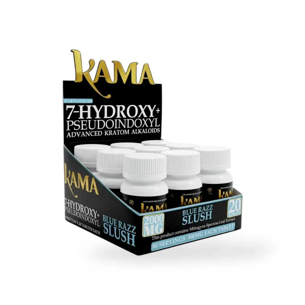 Kama 7-Hydroxy + Pseudoindoxyl Chewable Tablets Blue Razz Slush 100mg Display Box of 9