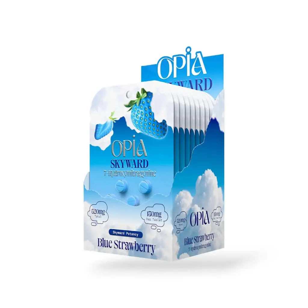 Opia Skyward 7-Hydroxymitragynine Blue Strawberry Chewable 130mg Tablet Display Box of 10