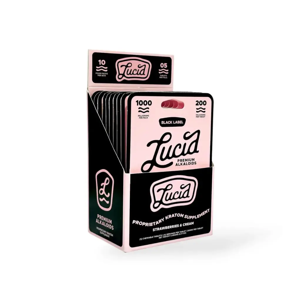 Lucid Black Label Kratom Extract 200mg Chewable Tablet – Strawberries & Cream Display Box of 10