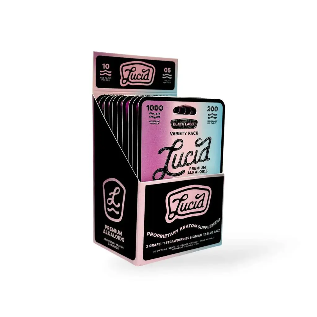 Lucid Black Label Kratom Extract 200mg Chewable Tablet – Variety Pack Display Box of 10