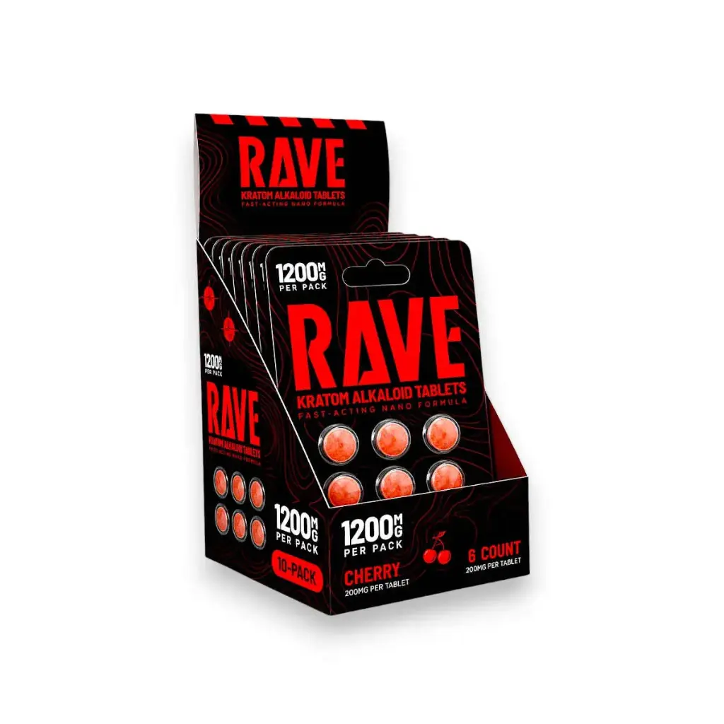 Rave Kratom Alkaloids 200mg Chewable Tablets | Cherry Display Box of 10 