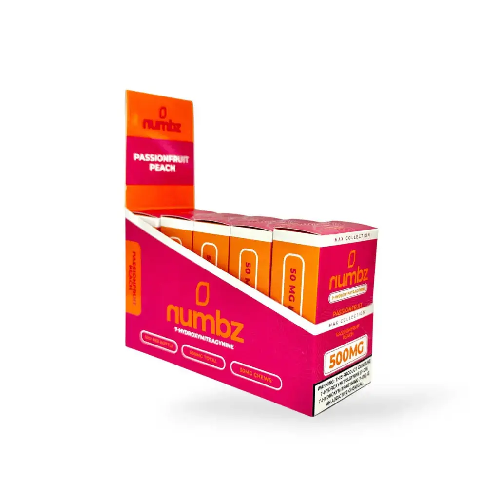 numbz 7- Hydroxymitragynine Chewable Passionfruit Peach 50mg Tablet Display Box of 5