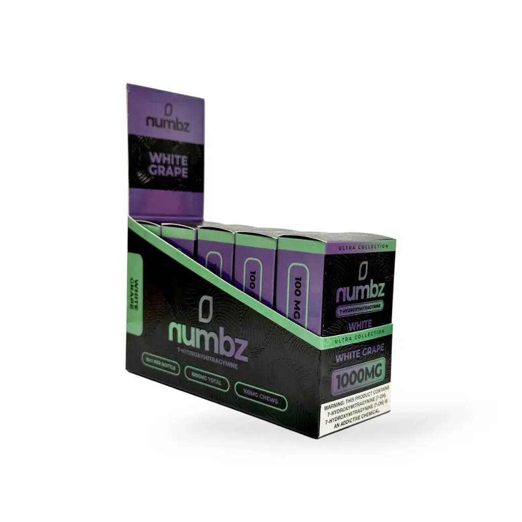 numbz 7- Hydroxymitragynine Chewable White Grape 100mg Tablet Display Box of 5