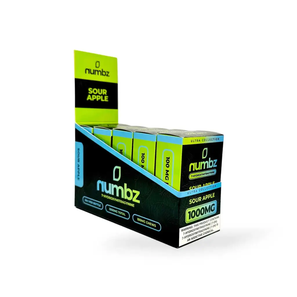 numbz 7- Hydroxymitragynine Chewable Sour Apple 100mg Tablet Display Box of 5