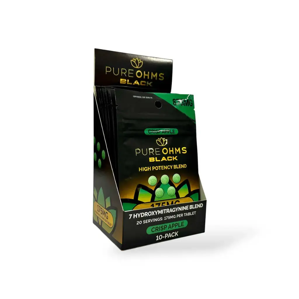 Pure Ohms Black 7-Hydroxy Chewable Tablets Crisp Apple 175mg Display Box of 10