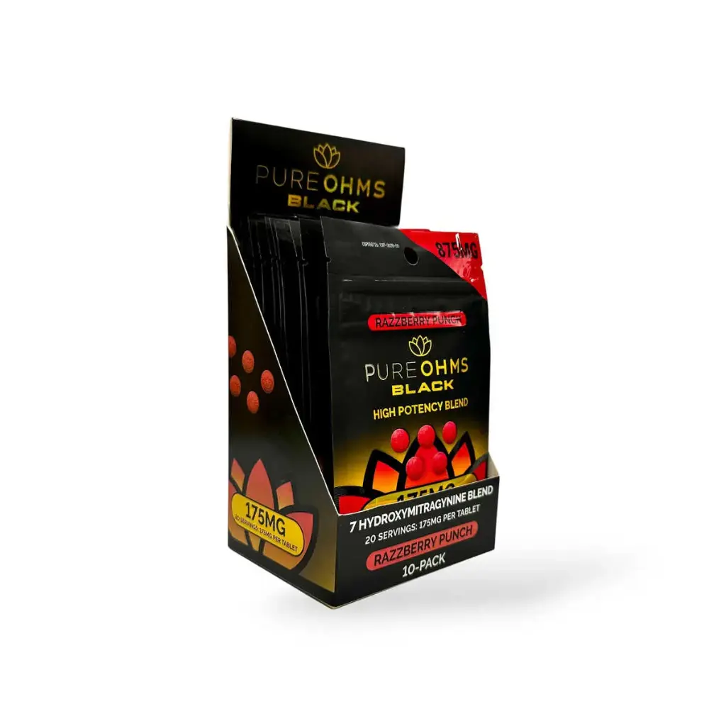 Pure Ohms Black 7-Hydroxy Chewable Tablets Razzberry Punch 175mg Display Box of 10